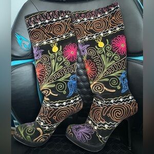 Embroidered Floral Black Multicolor Heeled Red Bottom Boots from Zeyzani